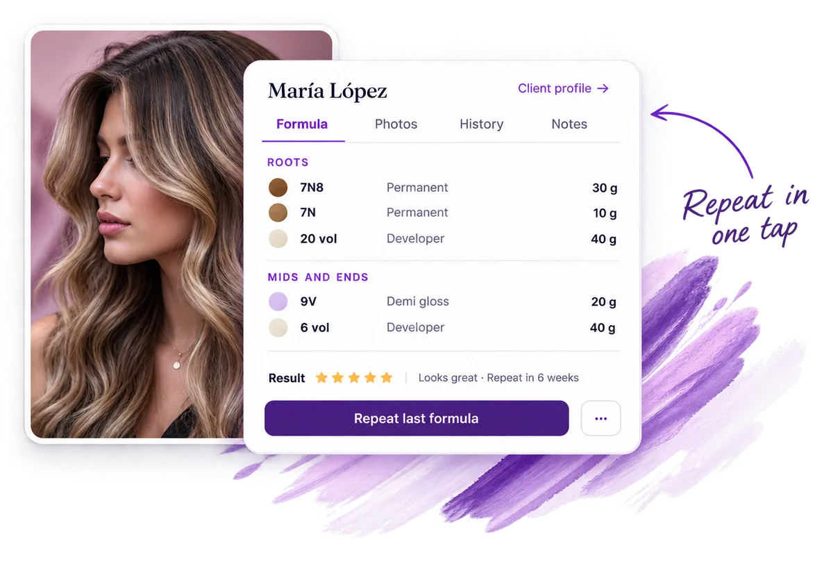 A stylist's client with long layered brown and blonde hair, next to the SalvaSalon formula screen for María López showing roots and mids formulas and a Repeat last formula button