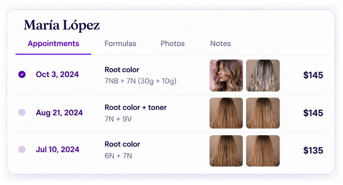 SalvaSalon client record for María López: a list of past appointments with dates, root color services, formulas such as 7NB + 7N, before and after photos, and prices
