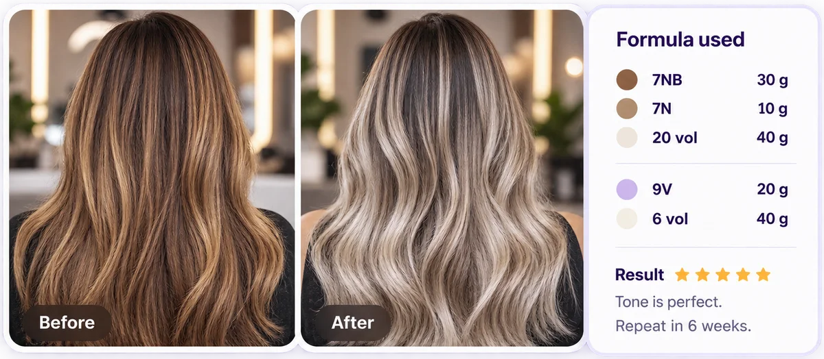 Before and after photos of a client's hair, from the back, next to the formula used: 7NB 30 g, 7N 10 g, 20 vol 40 g, 9V 20 g, 6 vol 40 g, and a five-star result