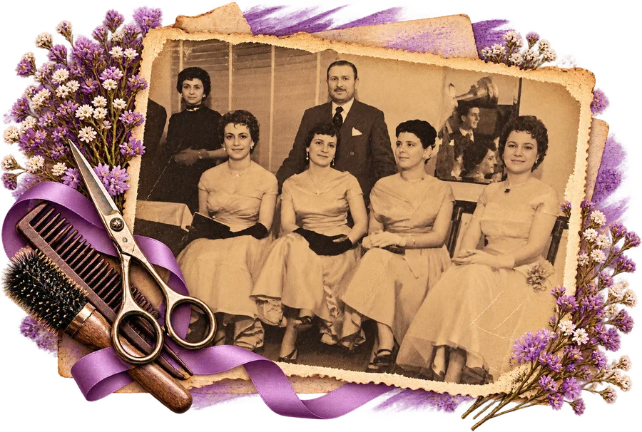 A vintage photograph of Salvador, framed by lavender, old scissors, a comb and a purple ribbon