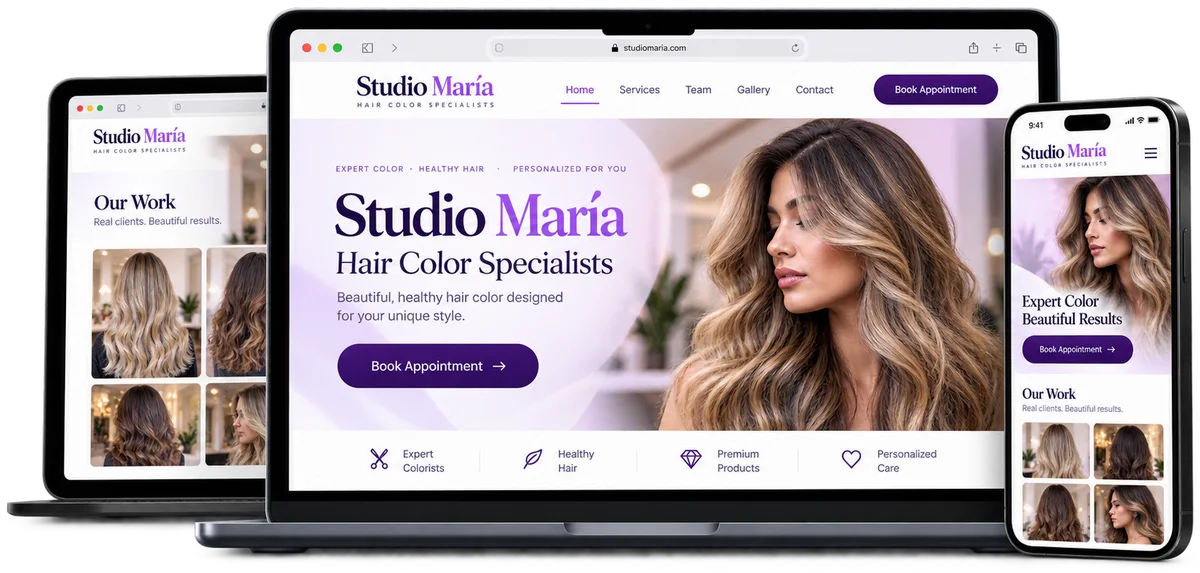 A salon website for Studio María, Hair Color Specialists, shown on a laptop, a second laptop with its Our Work gallery, and a phone, with a Book Appointment button and before and after style photos